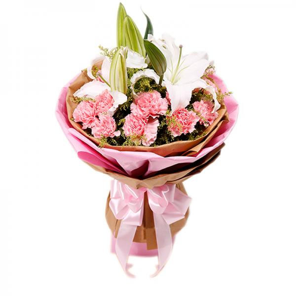 如沐春风--11枝粉色康乃馨花束，2枝白色多头百合