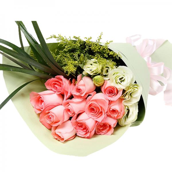 说爱你--11枝粉玫瑰礼盒装，桔梗 剑叶 黄莺搭配