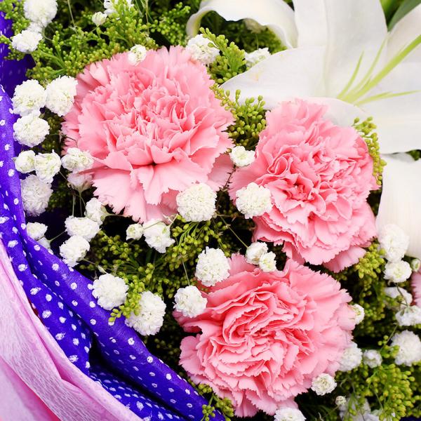 感恩的心---11枝粉色康乃馨，1枝白色多头百合圆形花束