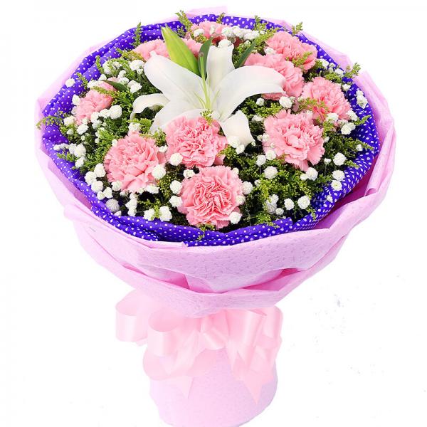 感恩的心---11枝粉色康乃馨，1枝白色多头百合圆形花束